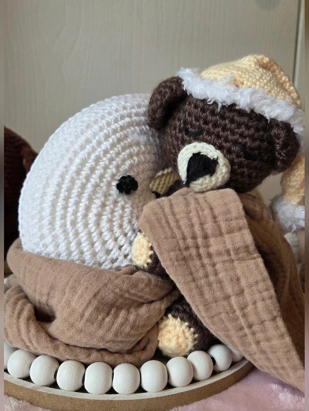 Handmade Baby Shower Centerpiece Crochet Sleeping Brown Bears with Blankets
